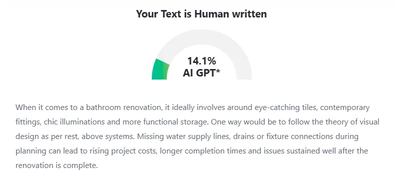 Gauge showing 14.1% AI text with paragraph discussing bathroom renovation elements and planning issues