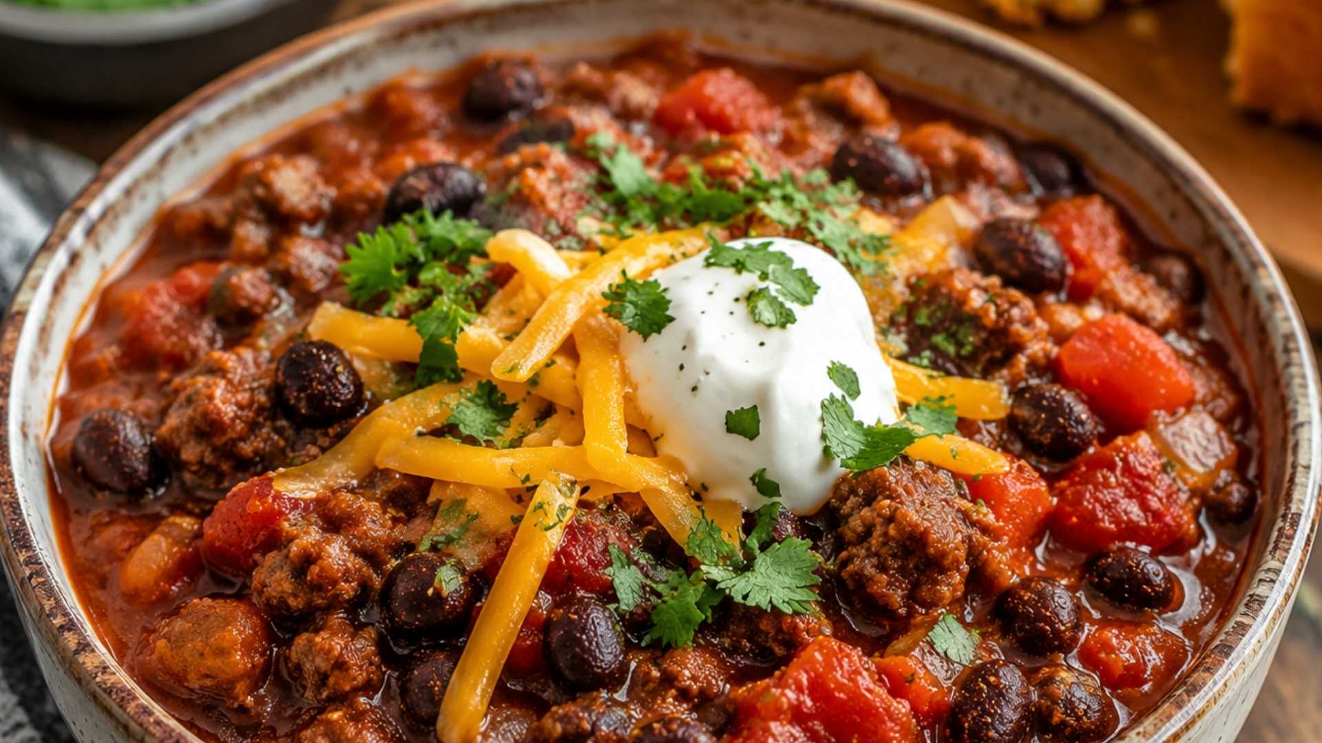 Beef and black bean chili with ground beef, black beans, tomatoes, and spices simmered together in a hearty bowl.