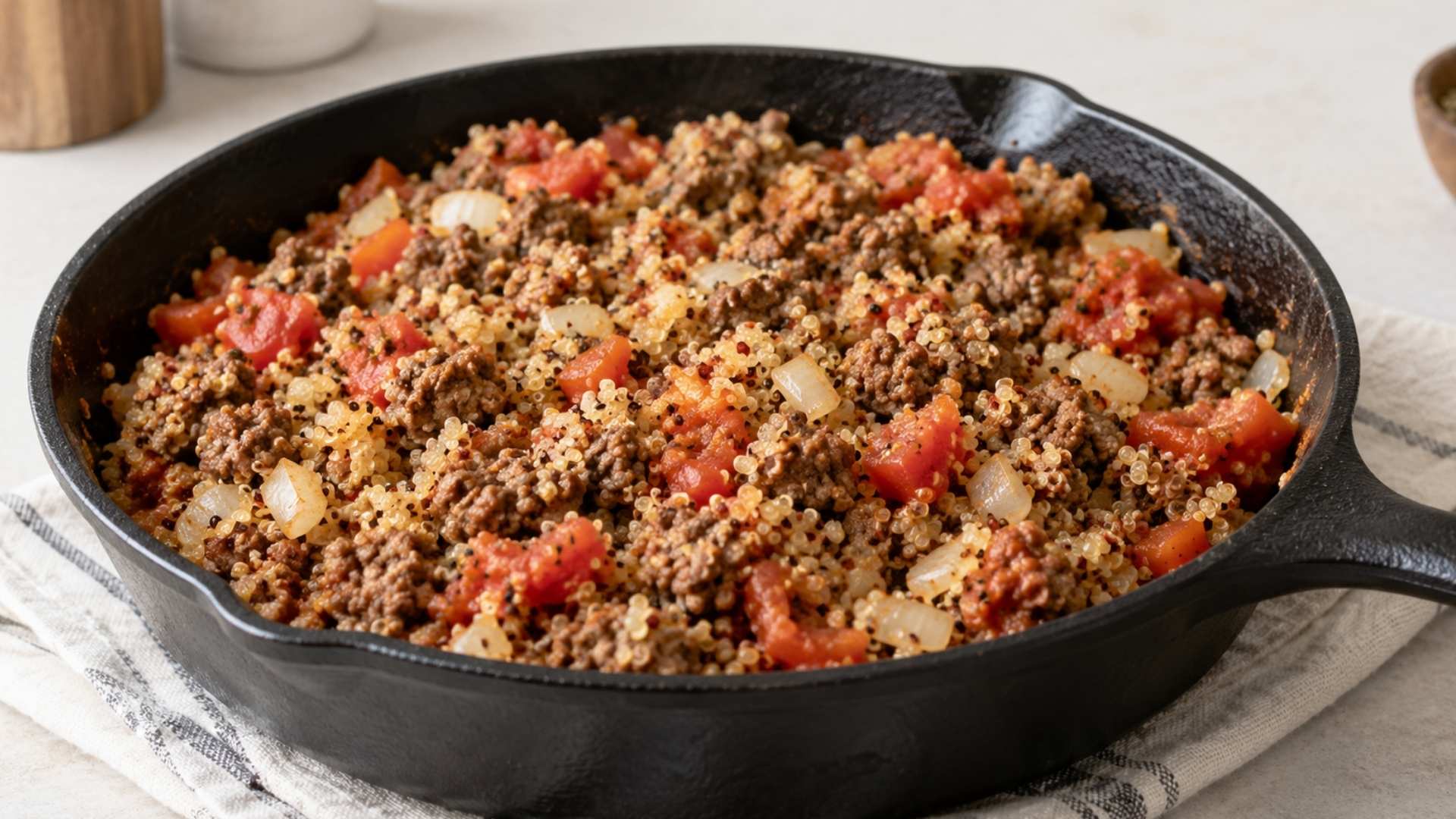 Beef and quinoa skillet with seasoned ground beef, fluffy quinoa, colorful vegetables, and fresh herbs.