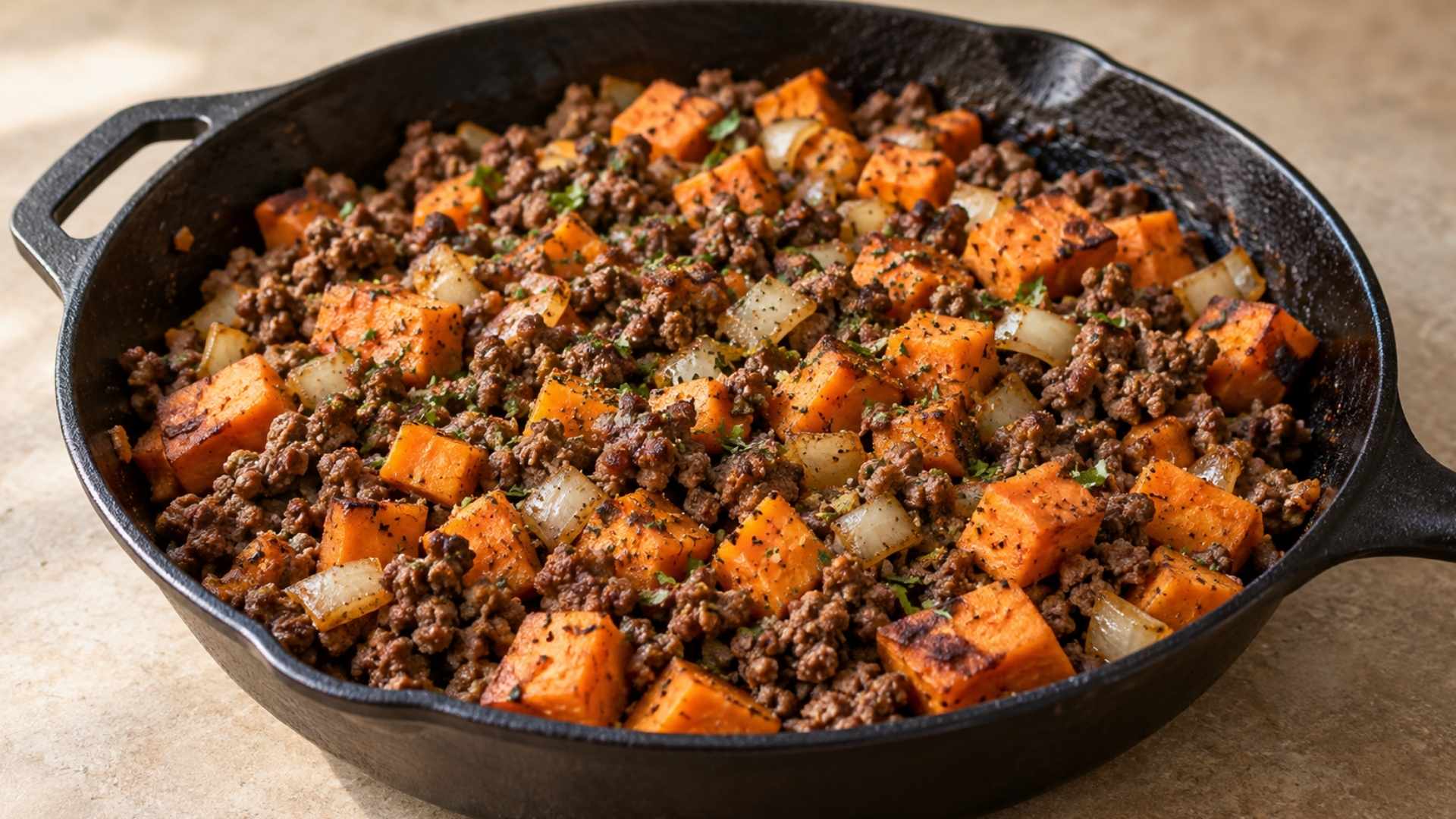 Beef and sweet potato skillet with browned lean ground beef, diced onions, and herbs.