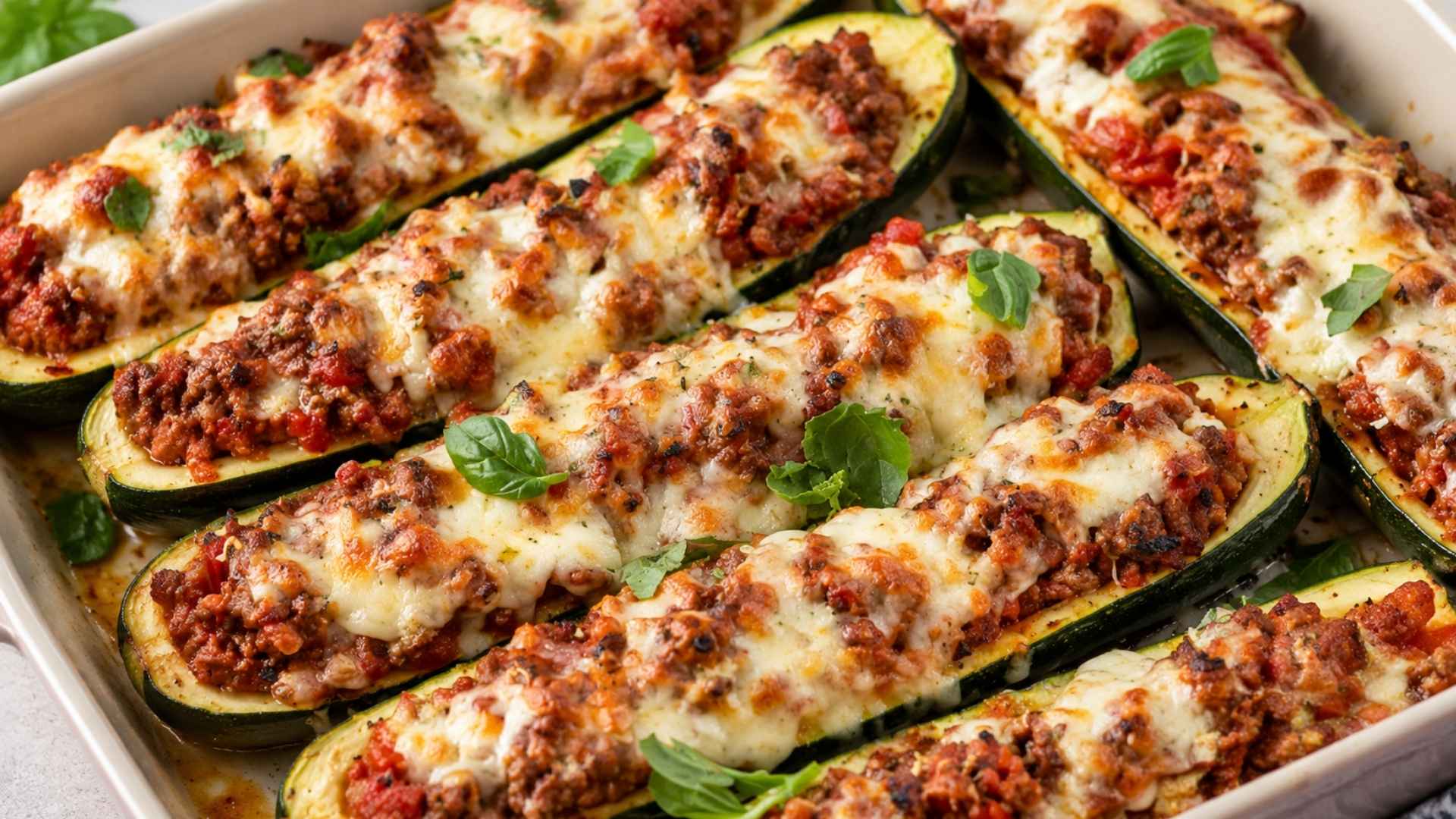 Baked zucchini boats filled with seasoned ground beef, tomato sauce, melted cheese, and fresh basil in a casserole dish.