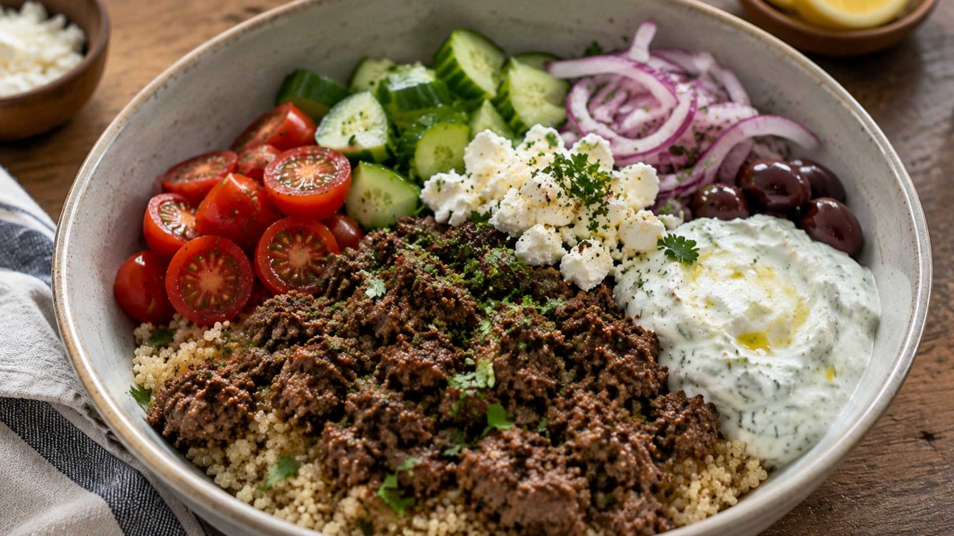 Mediterranean beef bowl with seasoned ground beef, quinoa, cucumber, tomatoes, feta, olives, red onion, greens, and tzatziki.