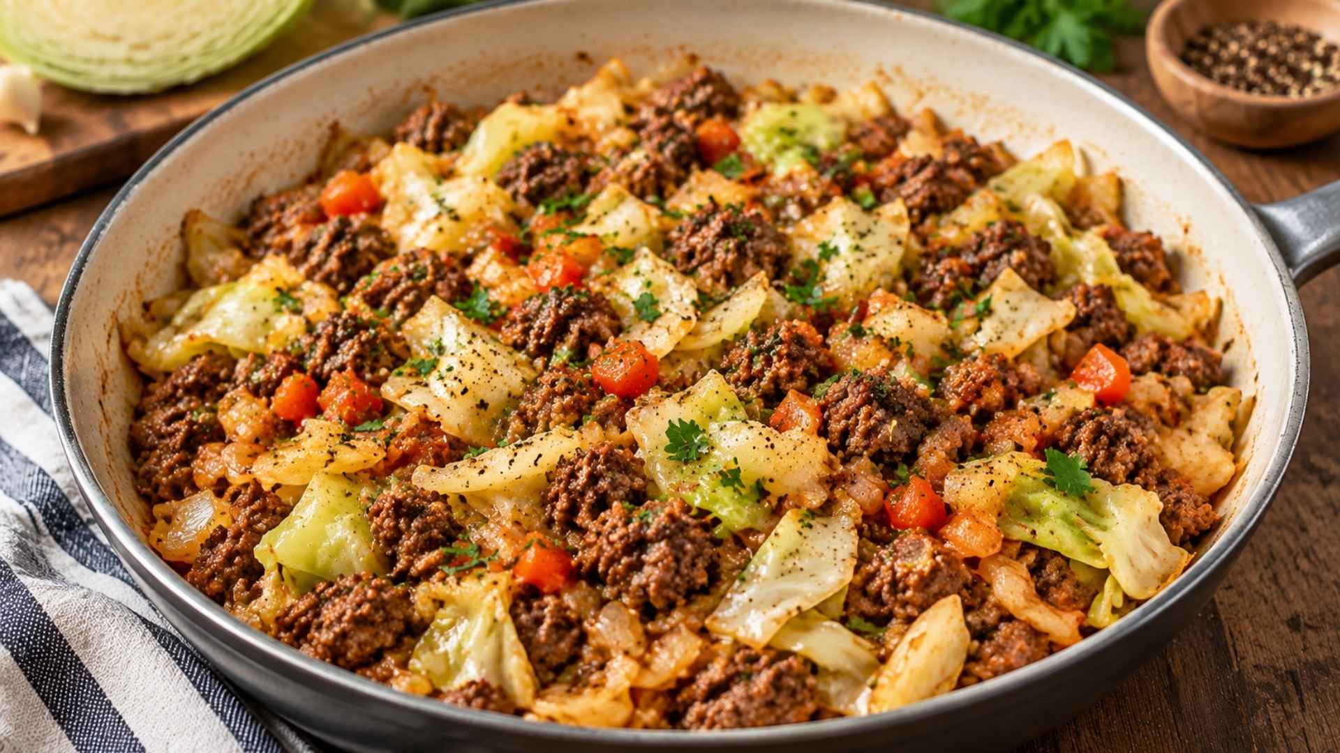 Ground beef and cabbage skillet with seasoned beef, sautéed cabbage, onions, carrots, and herbs cooked in a rustic pan.