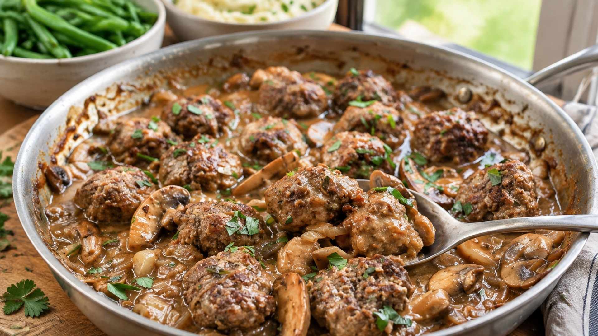 Ground beef meatballs in creamy mushroom sauce topped with parsley, served in a skillet with a spoon and side vegetables.