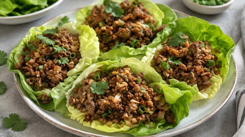 Ground beef lettuce wraps filled with seasoned beef, scallions, herbs, and crunchy toppings on a plate.