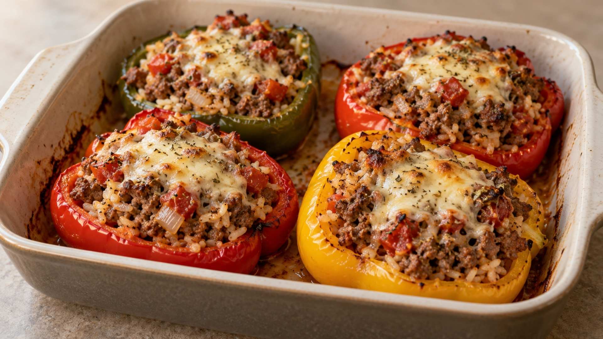 Ground beef stuffed peppers with rice, tomatoes, onions, and melted cheese in a baking dish.