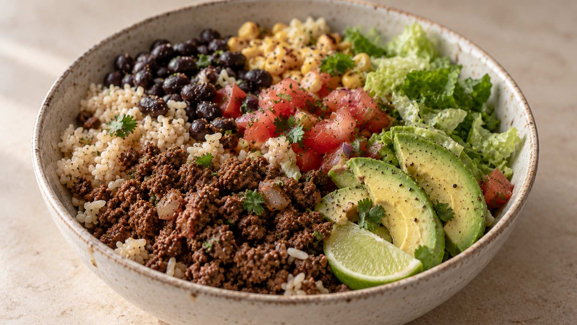 High-protein beef taco bowl with rice, black beans, corn, lettuce, tomatoes, avocado, and lime.
