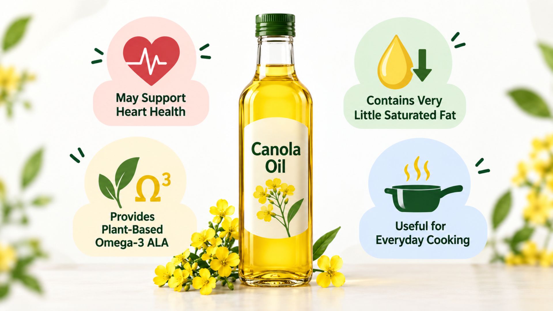 Canola oil benefits infographic featuring a central oil bottle with icons highlighting heart health, low saturated fat, omega-3 ALA, and everyday cooking uses.