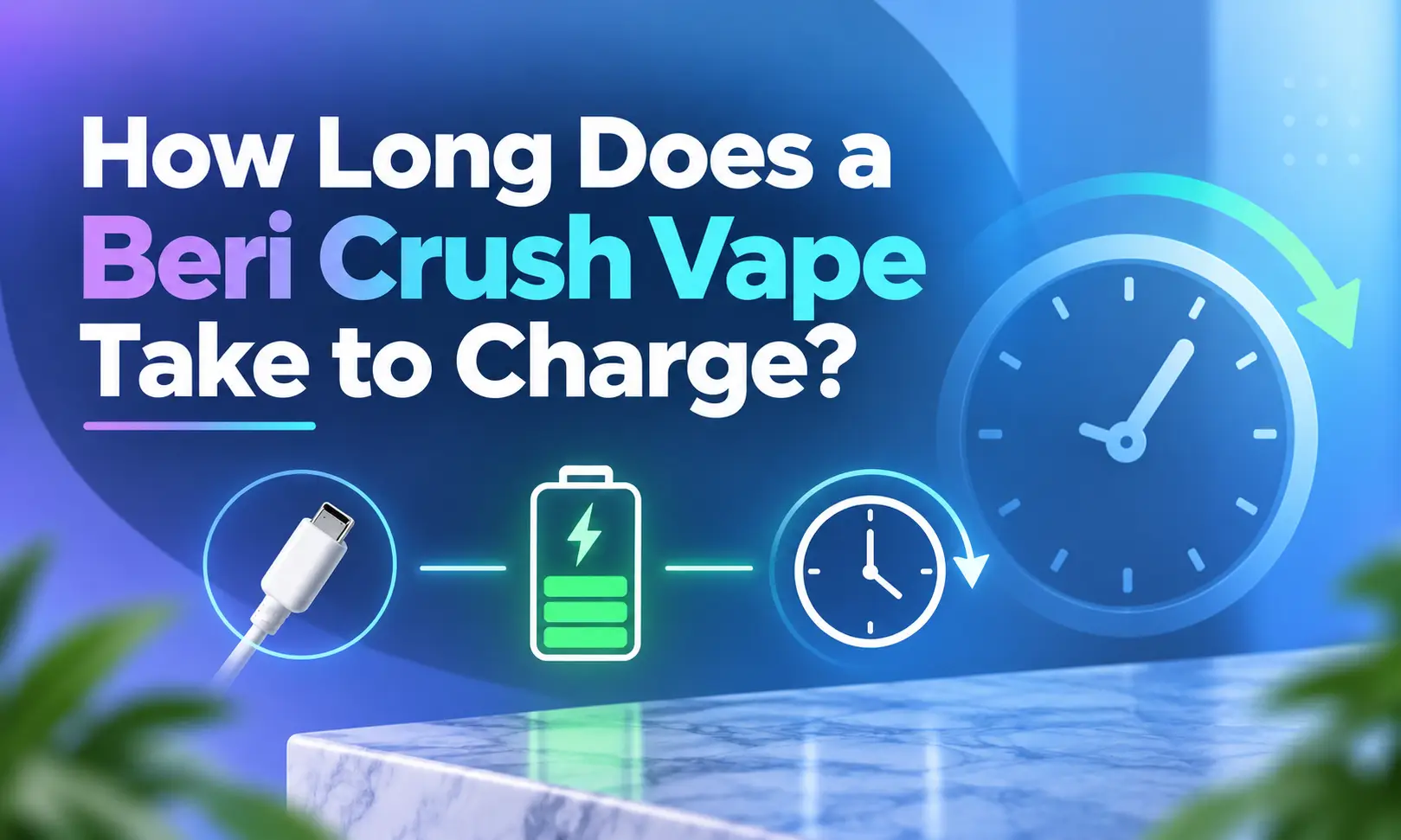 Charger, battery icon, and clock symbol against blue gradient background with green lighting accents
