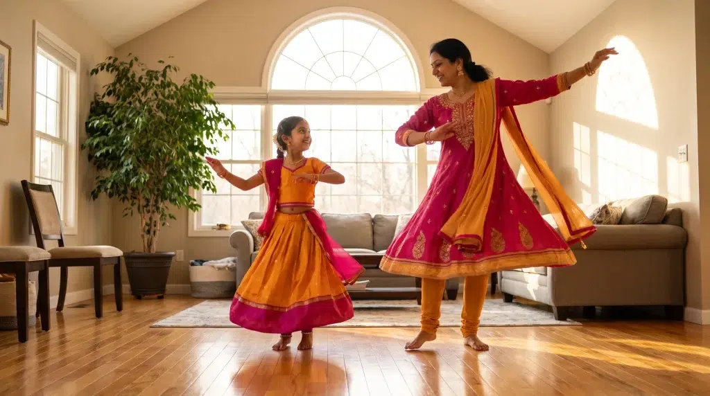 Mother and daughter dancing in brightly lit living room in colorful traditional attire