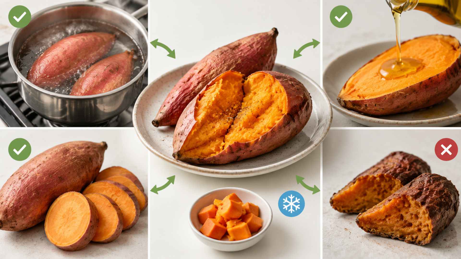 Infographic showing nutrient-friendly ways to cook sweet potatoes, including boiling, adding healthy fat, keeping skin on, cooling cooked pieces, and avoiding overcooking.