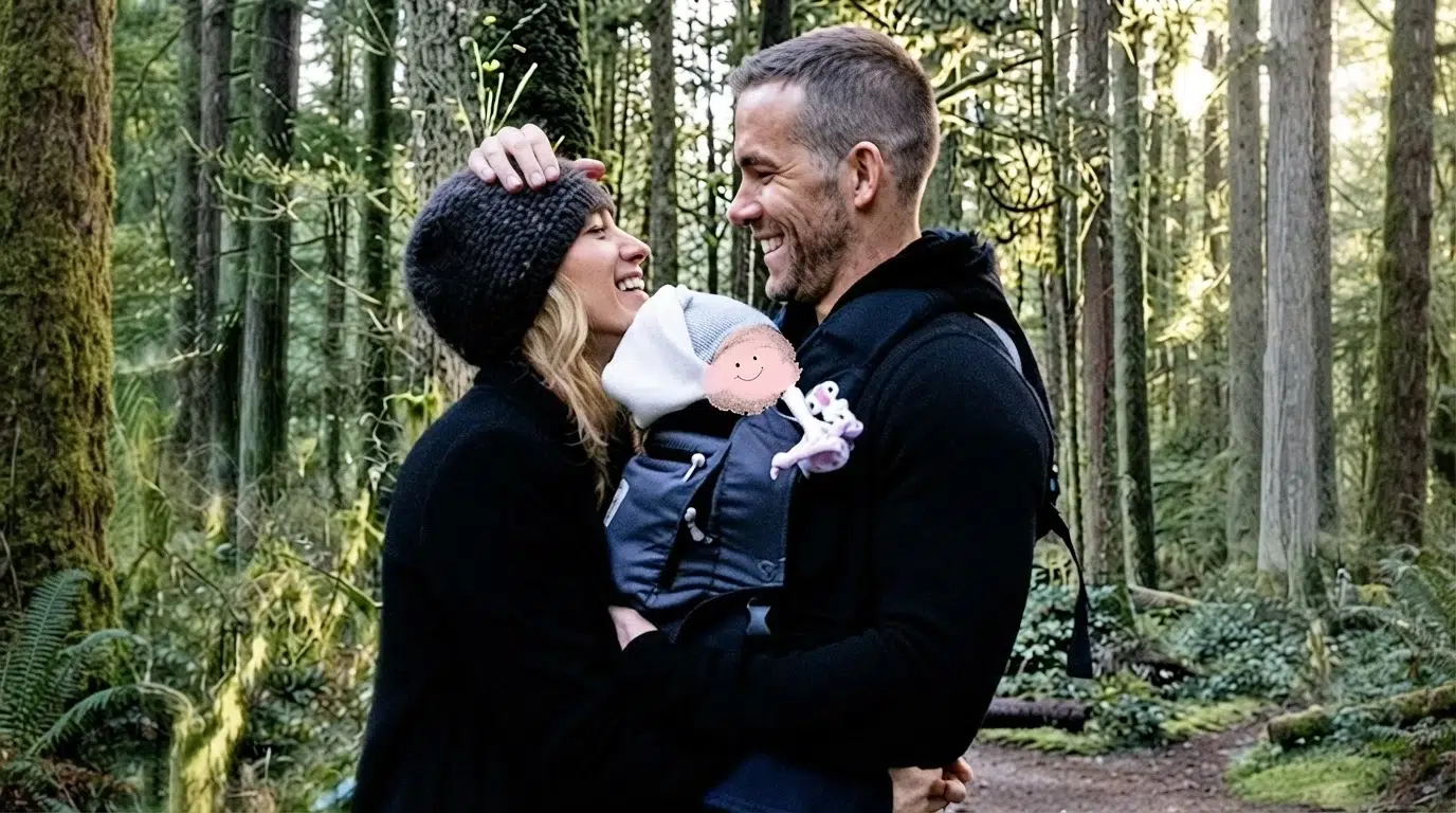 ryan reynolds and blake lively pose with daughter betty whose face is covered by a smiley