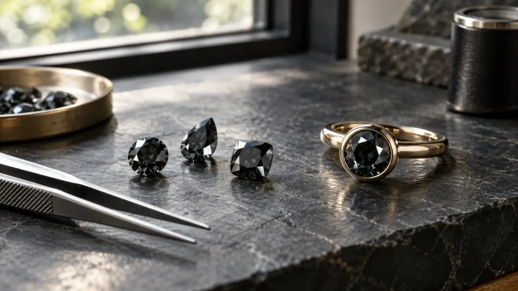 Black diamonds and gold ring on stone surface with metal tweezers in jewelry workshop