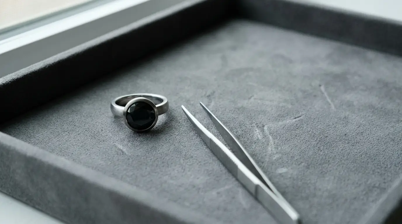 Silver ring with black gemstone and metal tweezers on a gray suede tray