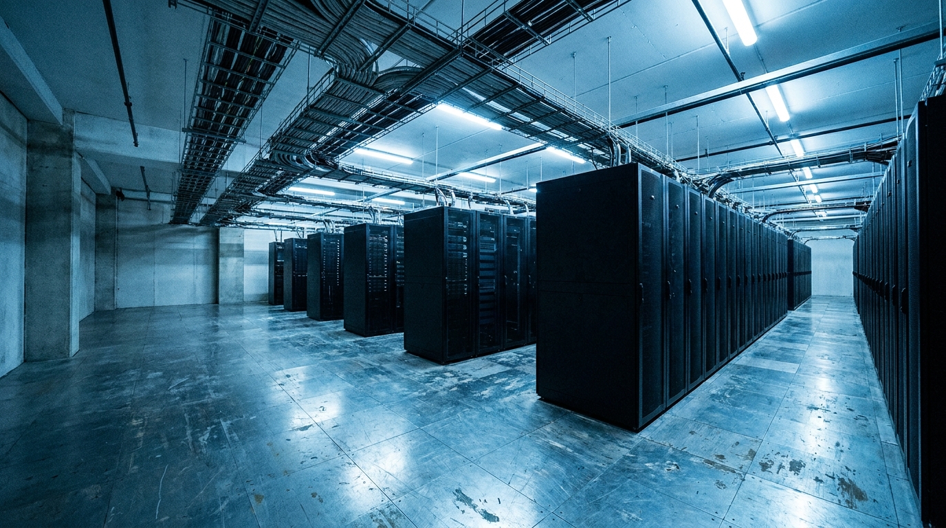 Rows of black server racks in a spacious data center with overhead cables and cool lighting
