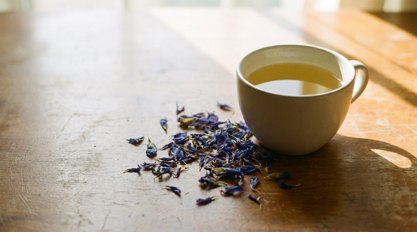 Tea cup with dried blue petals on sunlit wooden table