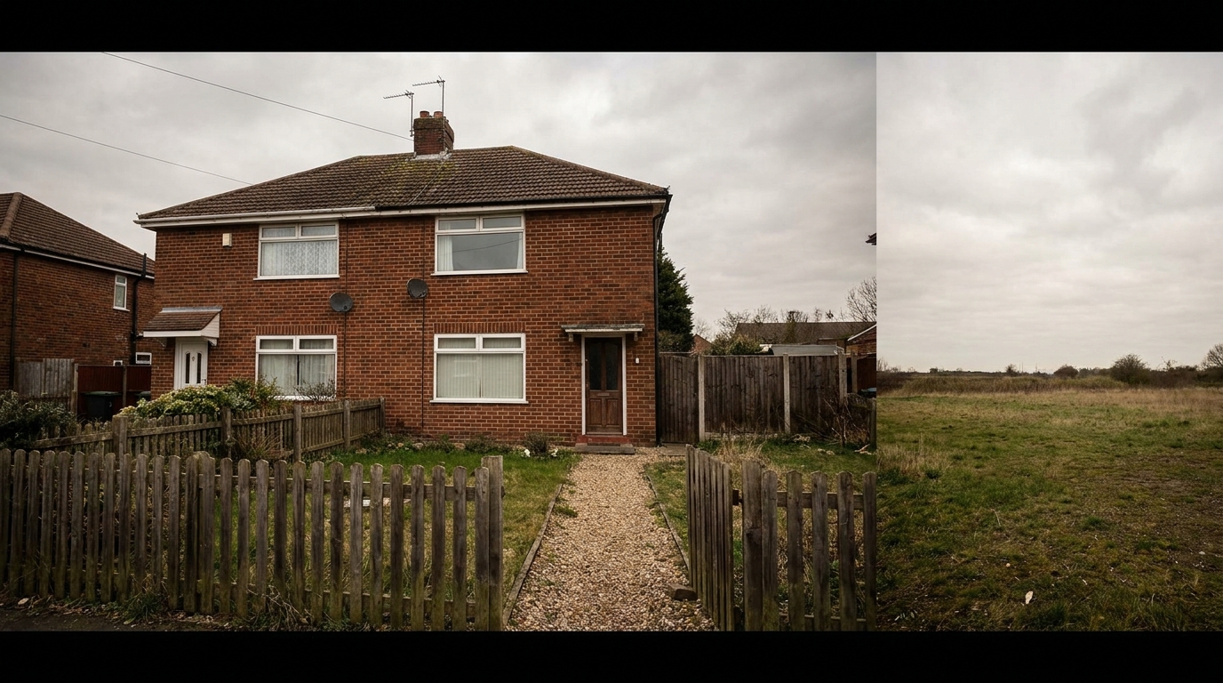Brown brick semi-detached house with wooden fence and overcast sky in suburban area