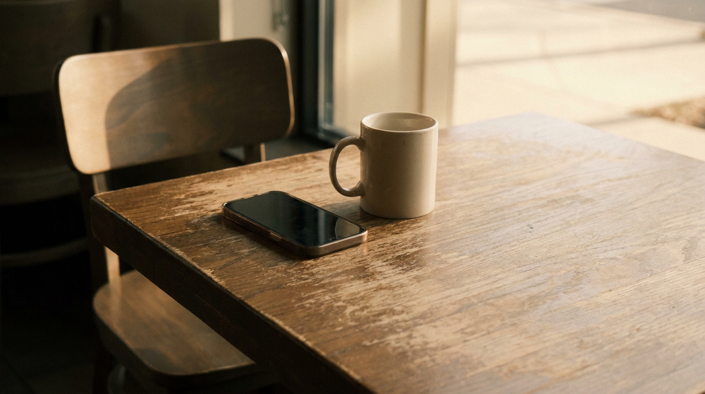 Smartphone and white mug on wooden table in sunlit cafe setting