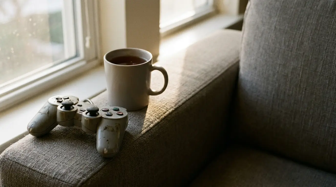 Game controller and mug on arm of beige sofa near window in natural light