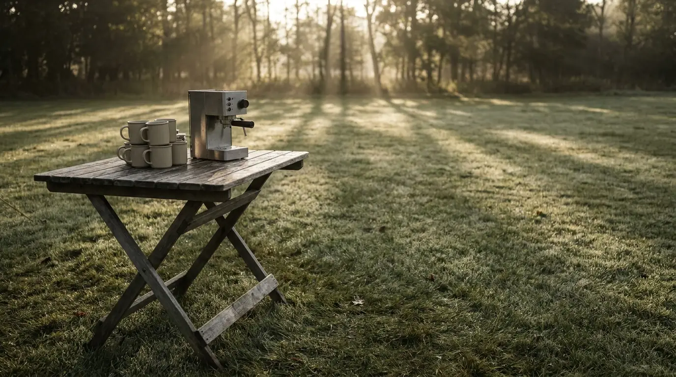 Espresso machine and mugs on wooden table in sunlit outdoor setting