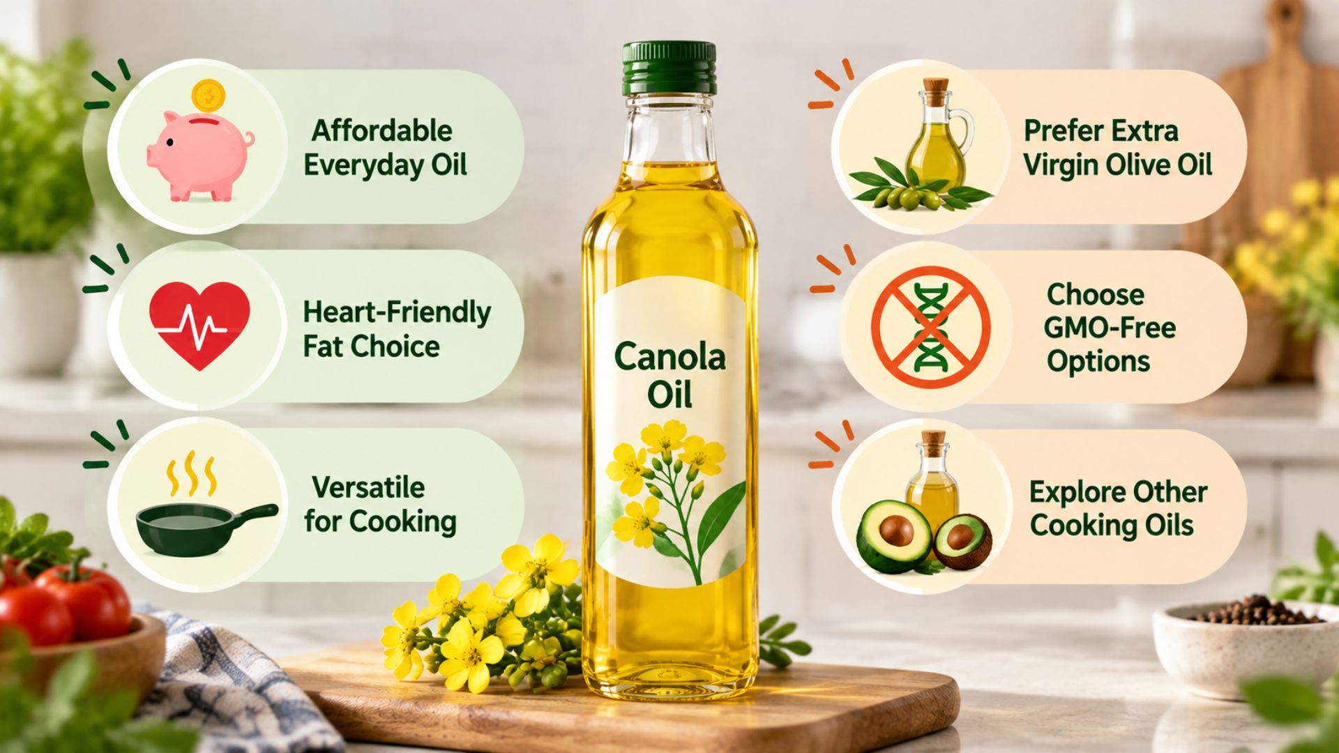 Canola oil bottle infographic showing affordable cooking choices, olive oil alternatives, GMO-free options, and other cooking oils in a kitchen setting.