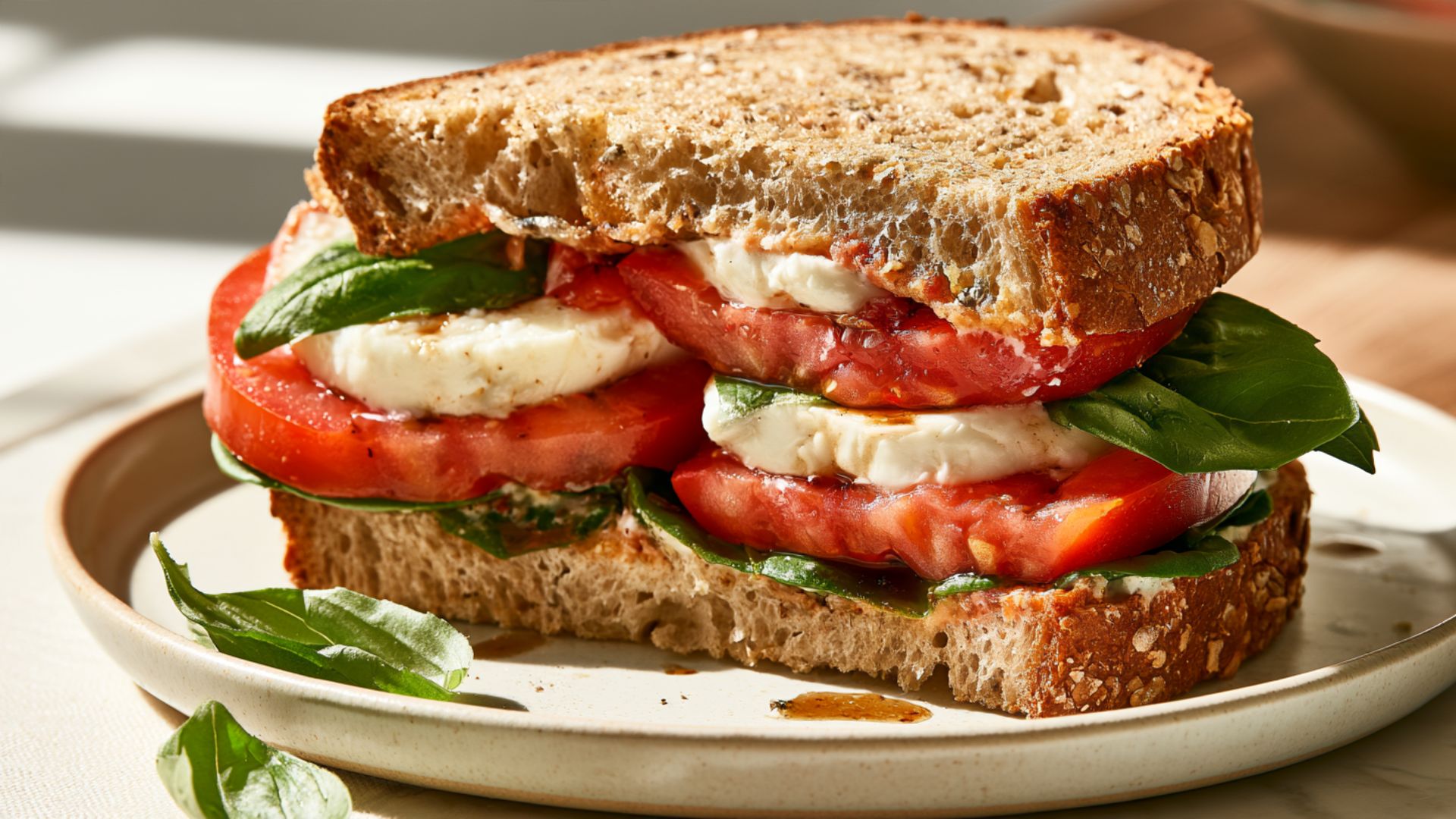 Caprese sandwich layered with fresh mozzarella, ripe tomato, basil and spinach on rustic bread.