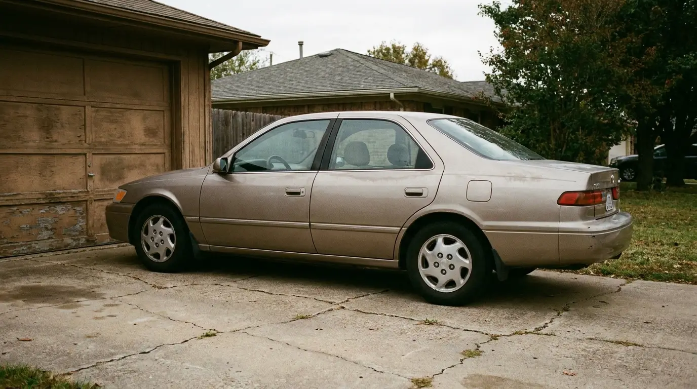 Beige sedan parked on concrete driveway beside weathered garage door in residential neighborhood