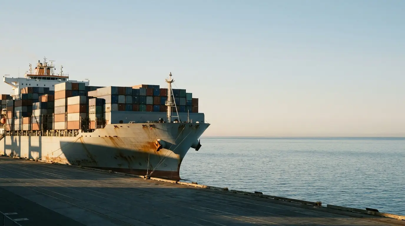 Cargo ship loaded with colorful containers docked at a harbor under clear blue sky