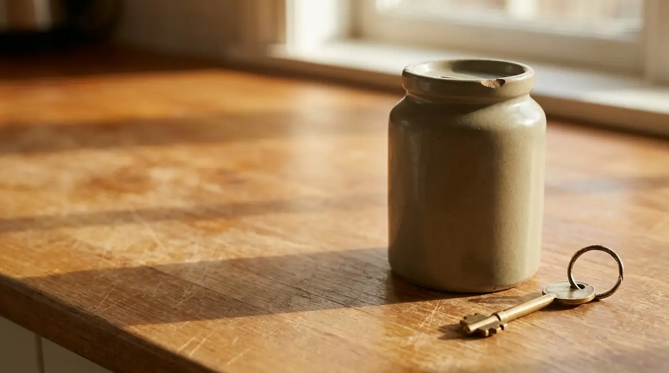 Ceramic jar and brass key on wooden table in sunlight-filled room