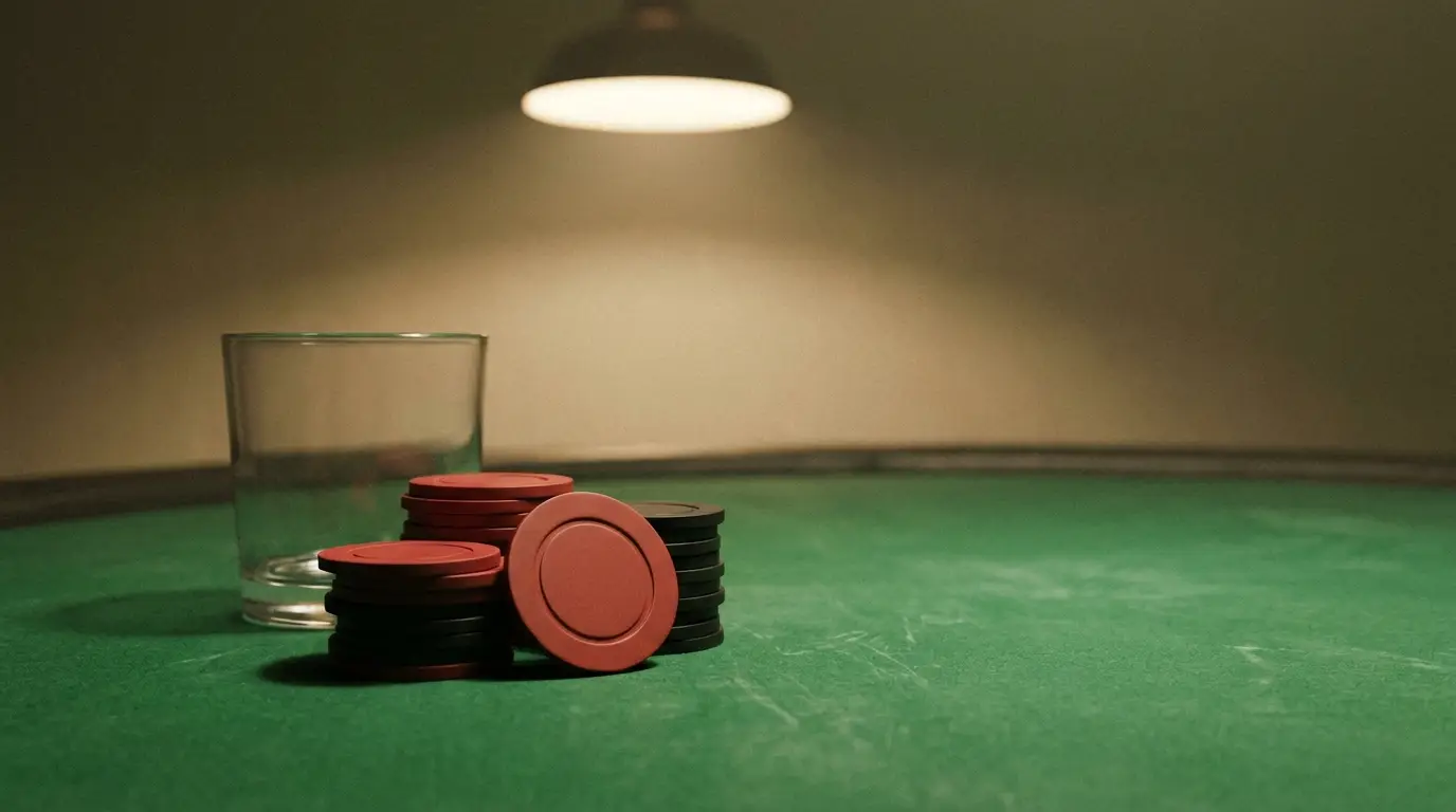 Poker chips stacked on a green felt table with an empty glass nearby under warm lighting