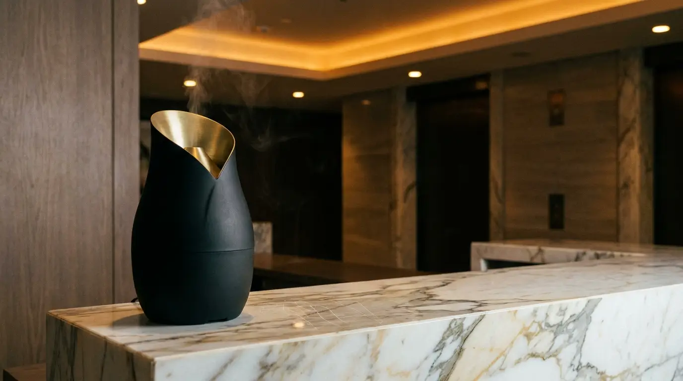 Sleek black aroma diffuser emitting mist on marble countertop in modern, warmly lit interior
