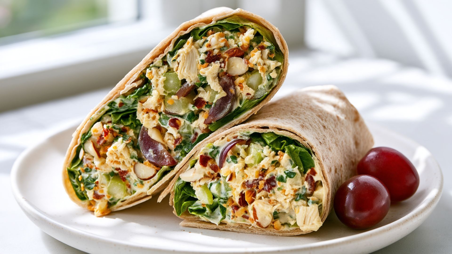 Chicken salad wrap with shredded chicken, grapes, celery, almonds and lettuce in a whole-wheat tortilla.