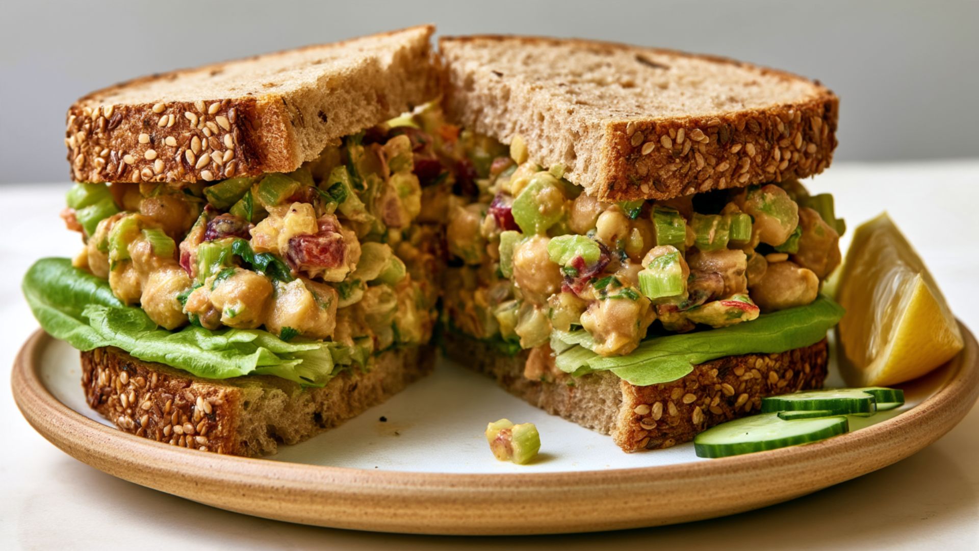 Whole-grain chickpea salad sandwich with creamy mashed chickpeas, celery, herbs and crisp lettuce.