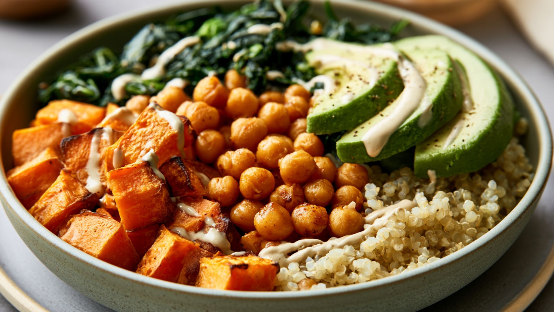 Chickpea sweet potato bowl with quinoa, greens, avocado and a creamy tahini-style drizzle.