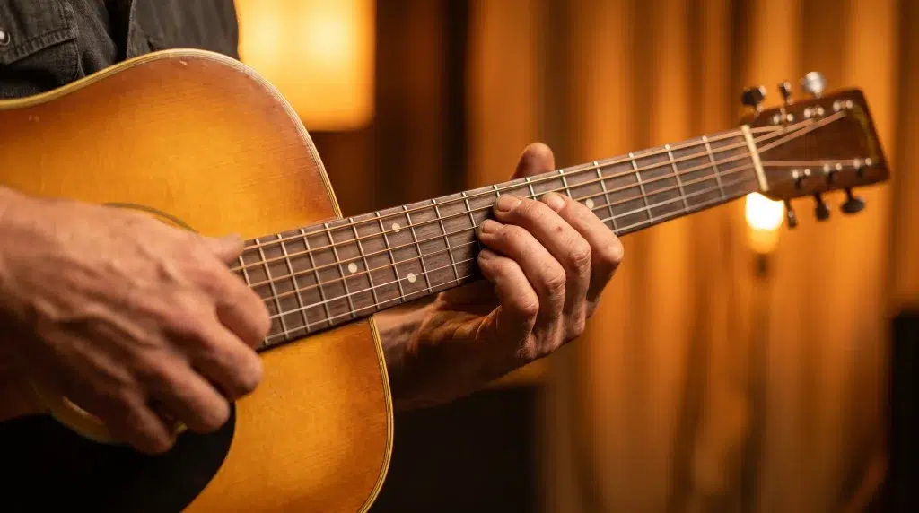 Acoustic guitar being played in a dimly lit room with warm lighting.