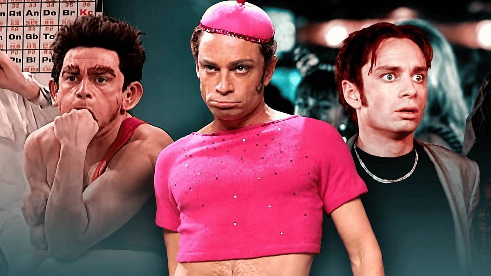chris kattan in colorful costumes performing a humorous sketch scene with exaggerated expressions and a lively background