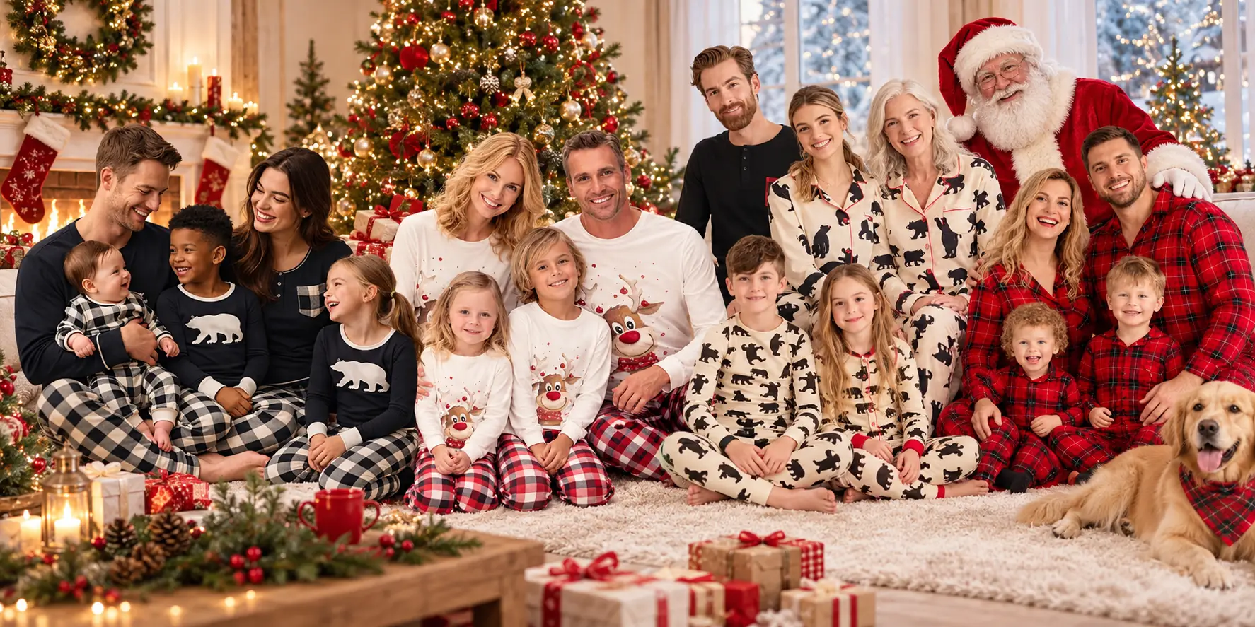 Family in matching pajamas gathered around Christmas tree with decorations and gifts in cozy living room