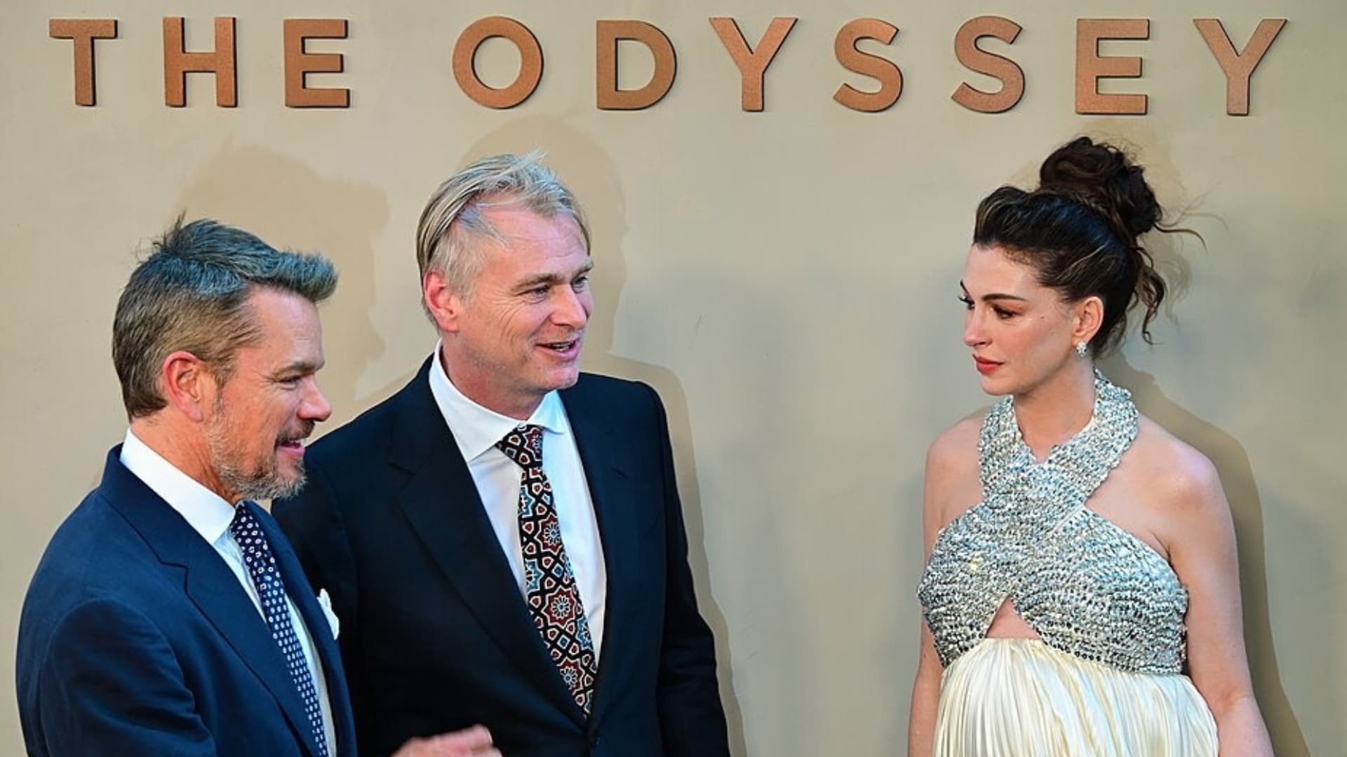 Christopher Nolan with Matt Damon and Anne Hathaway at the NYC Premiere of The Odyssey