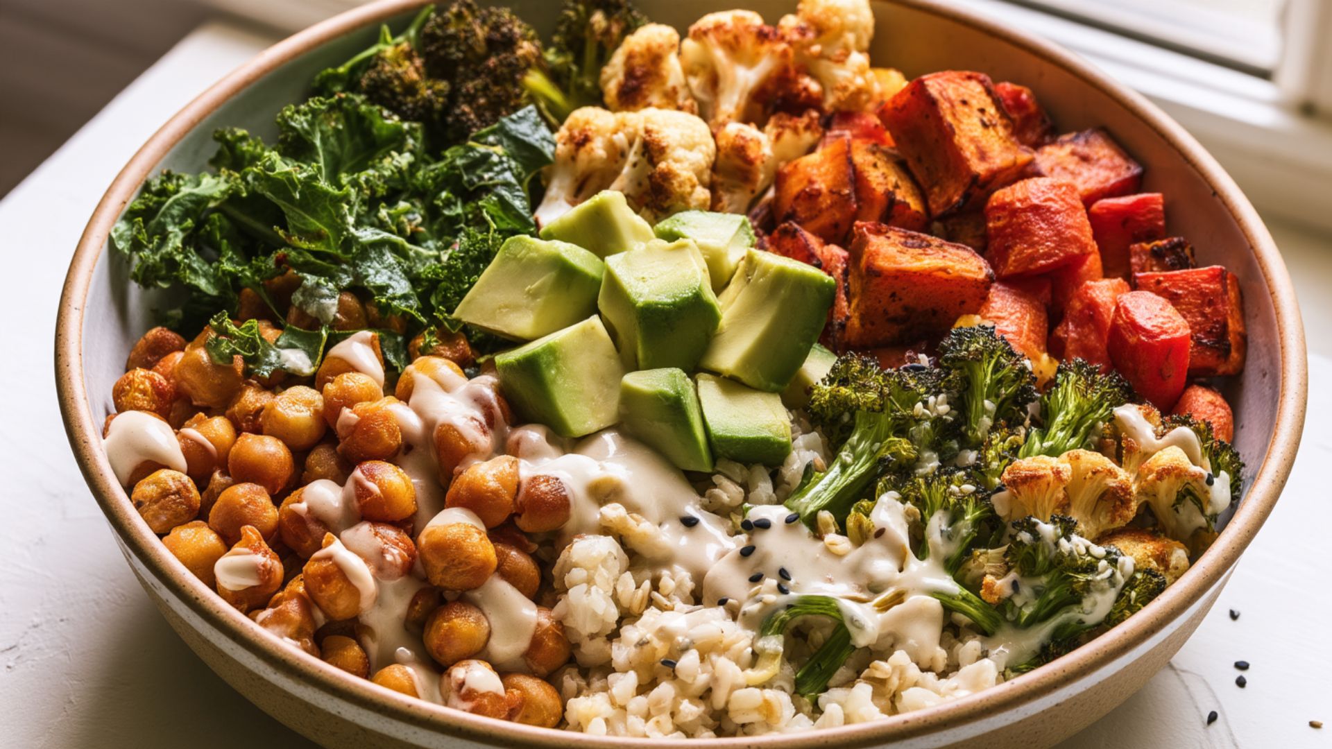 Buddha bowl with brown rice, roasted vegetables, chickpeas, leafy greens, avocado and tahini.