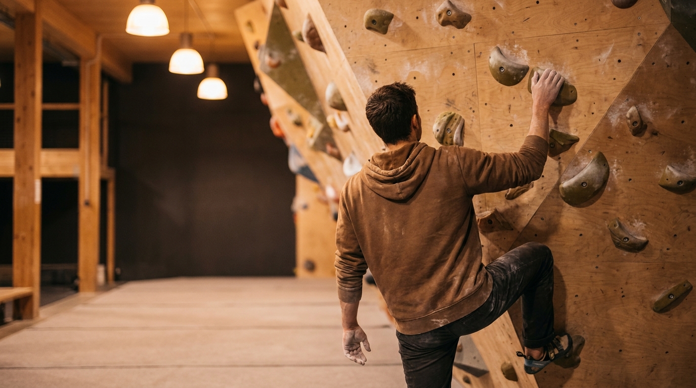 Man climbing indoor rock wall with holds in warm-lit gym setting