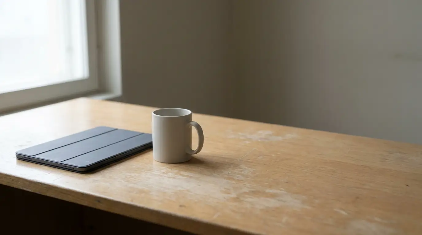White coffee mug and closed laptop on wooden desk near window in natural light