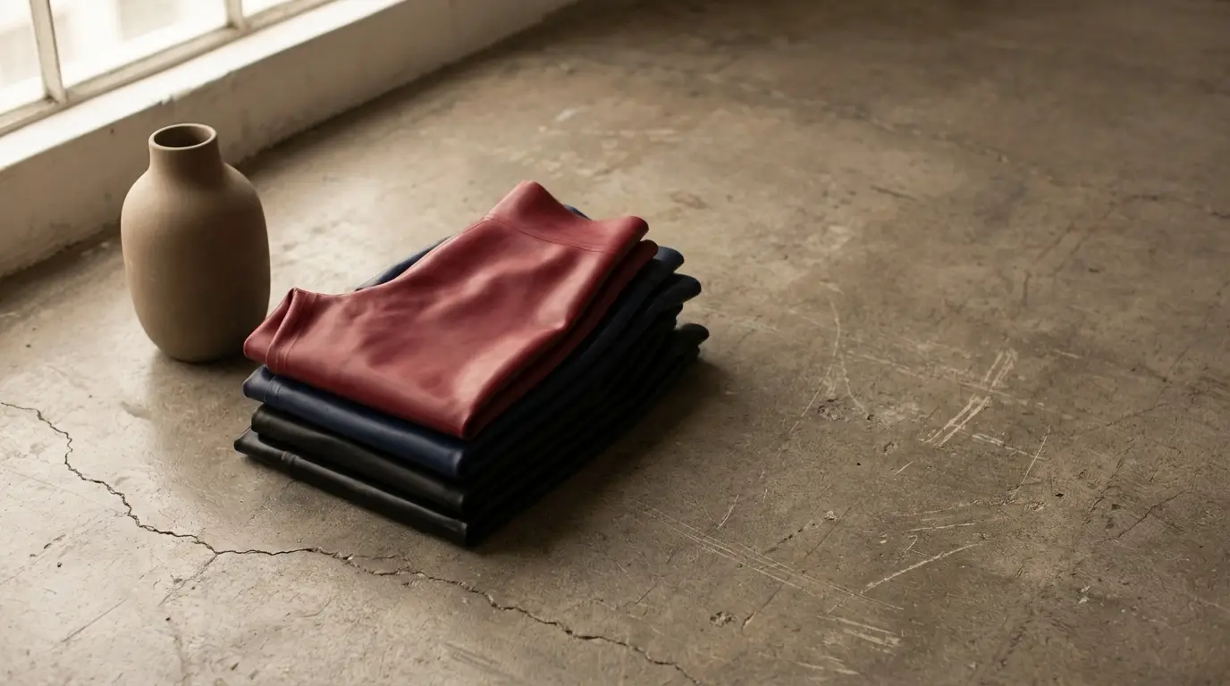 Folded clothing stack with red garment on top next to ceramic vase on concrete floor