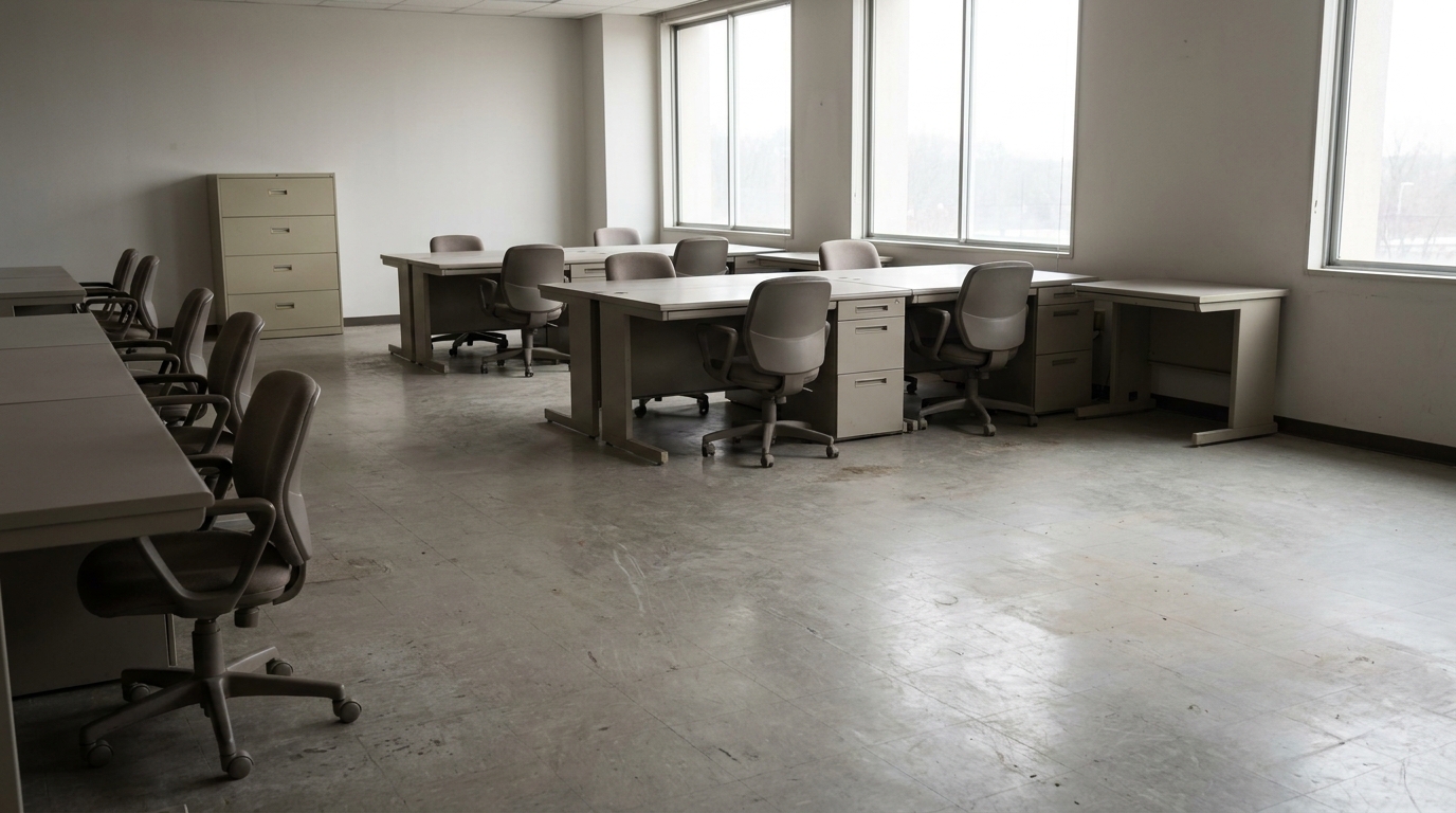 Empty office space with multiple desks and chairs in natural light setting
