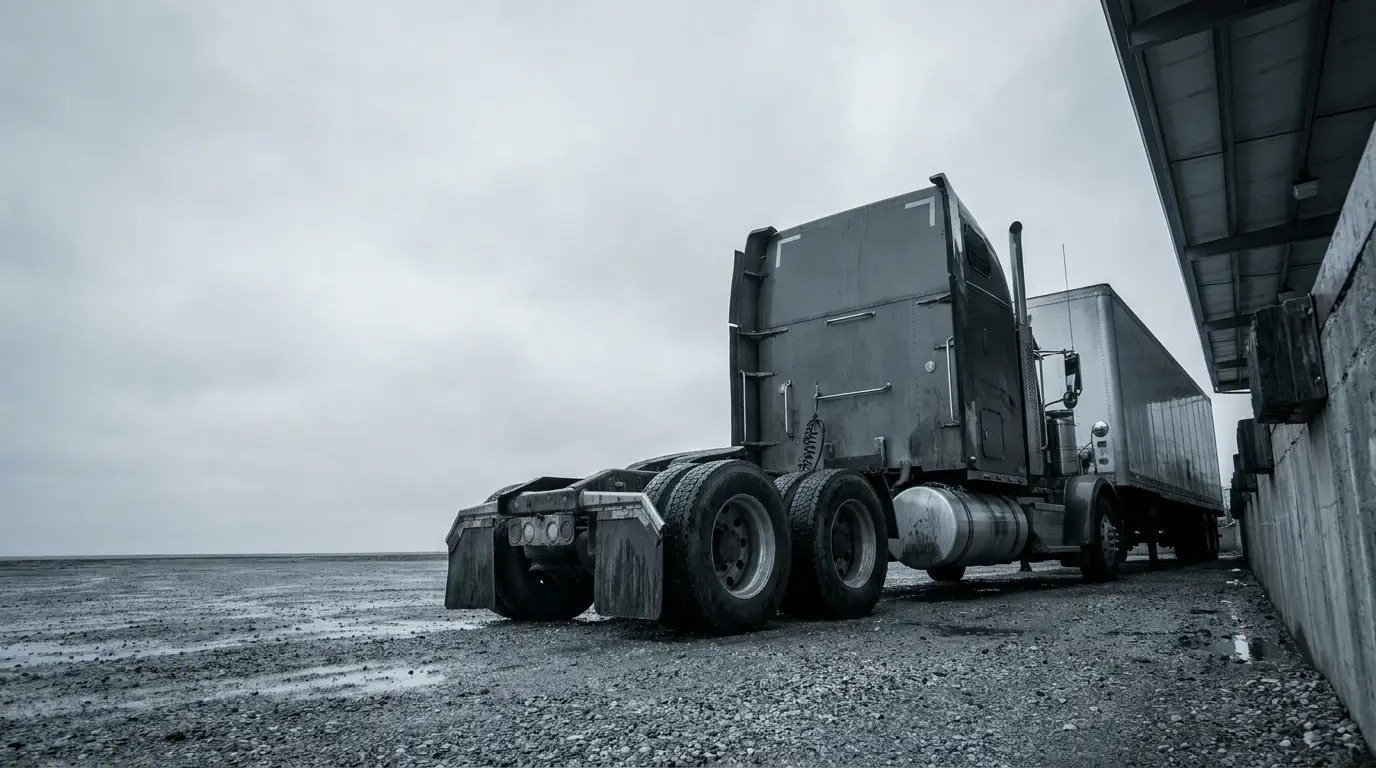 Gray semi-truck parked on gravel near a warehouse under overcast sky