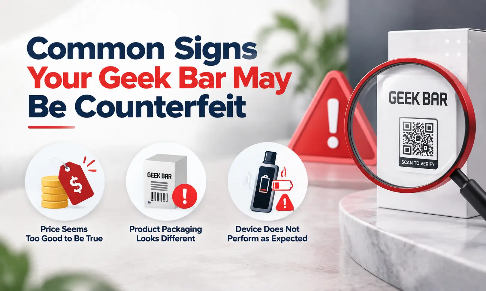 Geek Bar package with QR code magnified by red magnifying glass on marble surface