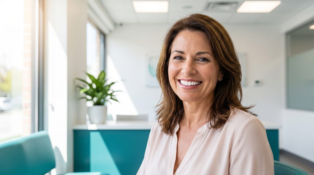 Smiling woman sitting in modern office with teal and white decor