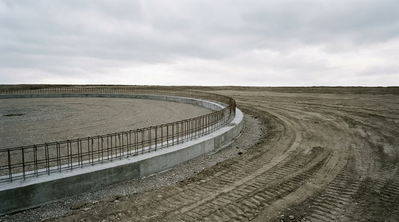 Circular concrete foundation with metal rebar on barren construction site under cloudy sky