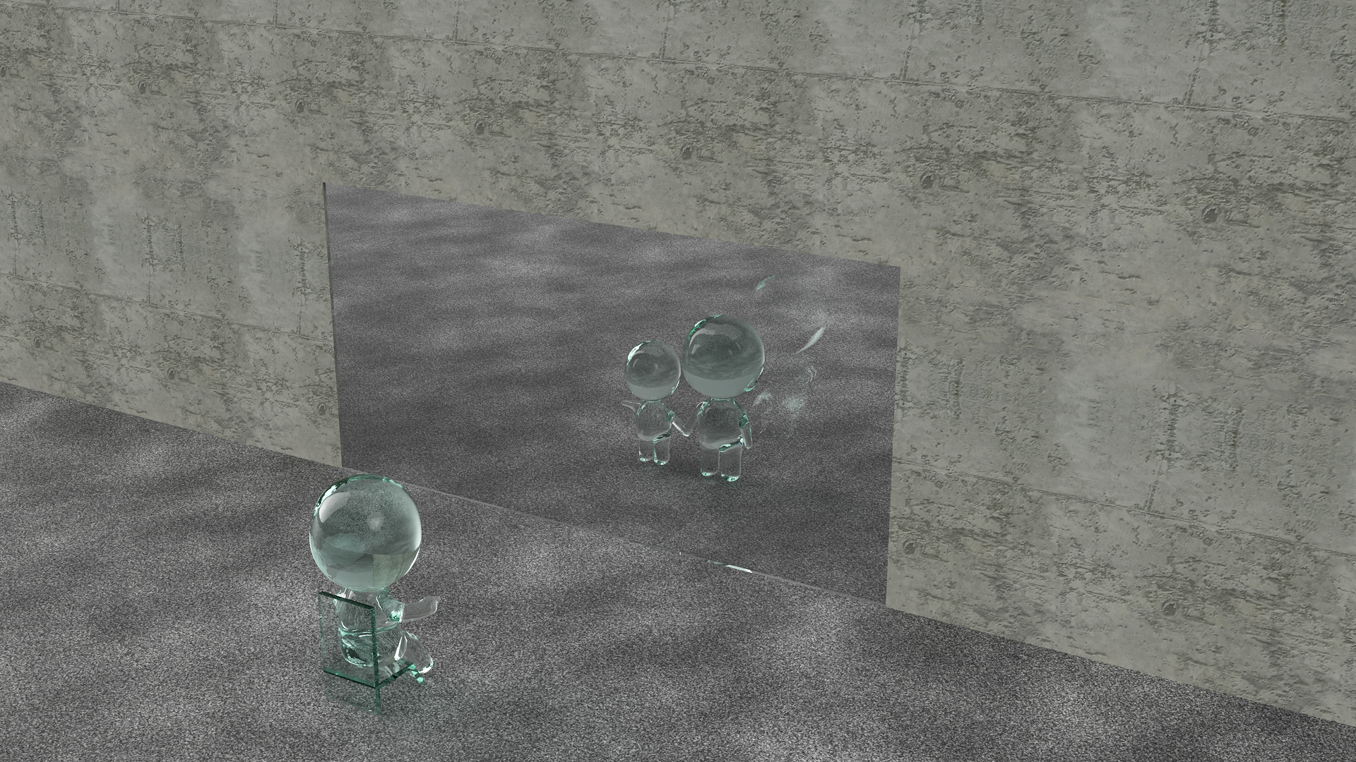 Two glass-like figures holding hands in a mirrored room with gray textured surfaces