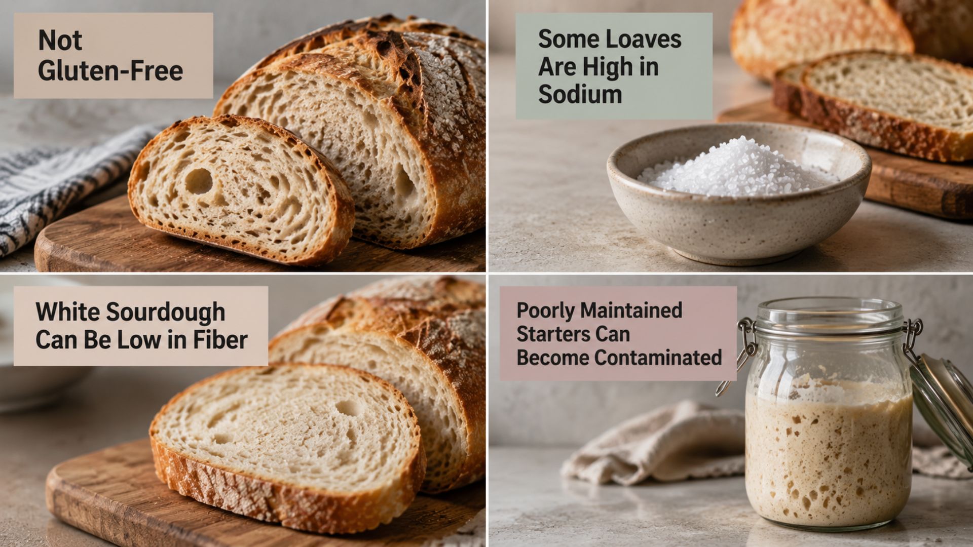 Sourdough bread caution infographic showing four concerns: gluten content, high sodium, low fiber in white sourdough, and contaminated starter risks.