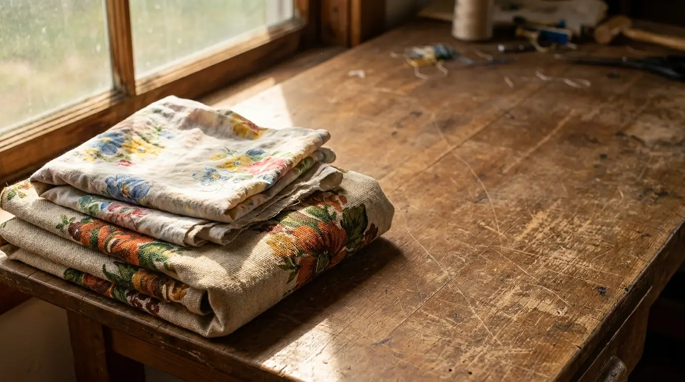 Folded floral fabrics on a rustic wooden table by a window in warm natural light
